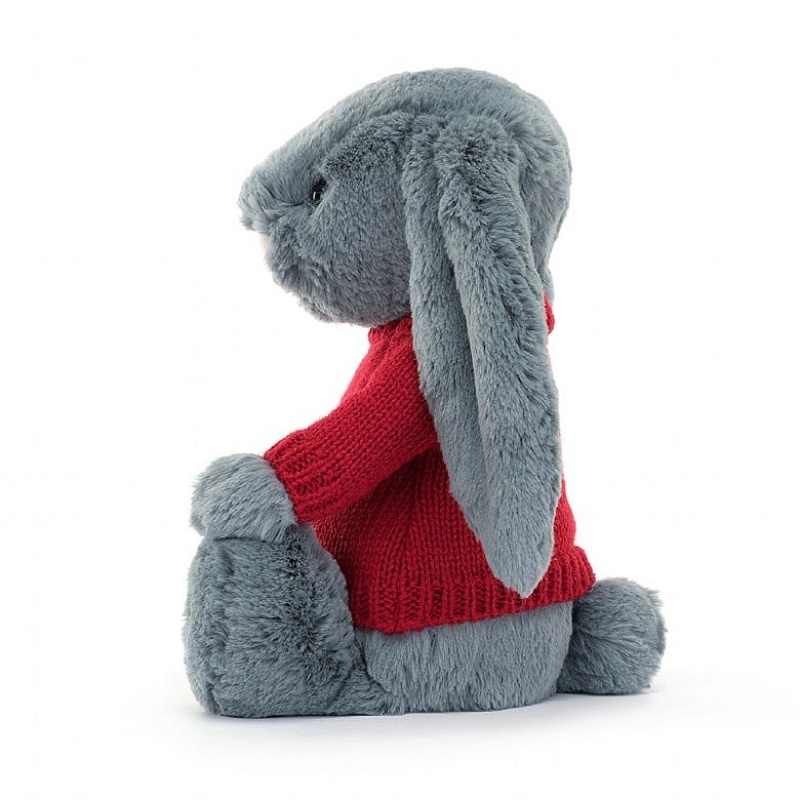 Jellycat Bashful Dusky Blue Bunny with Personalised Red Jumper Medium | 827931-SVZ