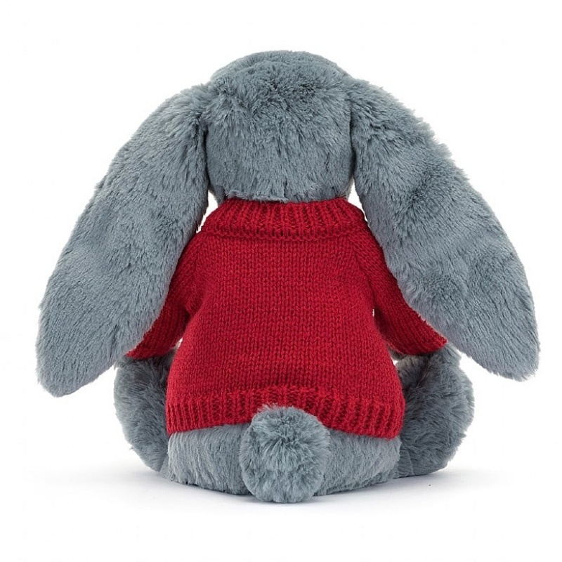 Jellycat Bashful Dusky Blue Bunny with Personalised Red Jumper Medium | 827931-SVZ