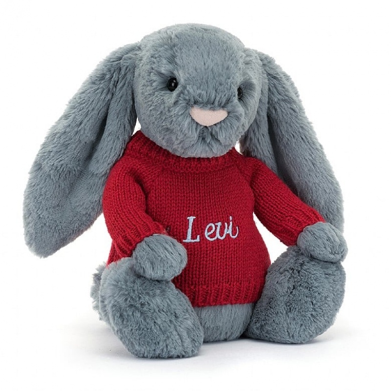 Jellycat Bashful Dusky Blue Bunny with Personalised Red Jumper Medium | 827931-SVZ