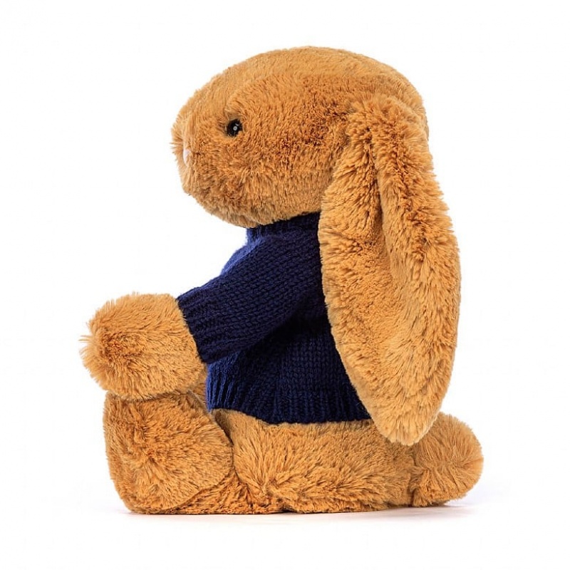 Jellycat Bashful Golden Bunny with Personalised Navy Jumper Medium | 870261-EYM