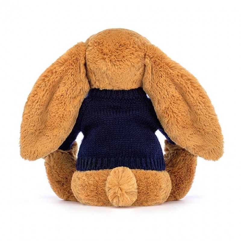 Jellycat Bashful Golden Bunny with Personalised Navy Jumper Medium | 870261-EYM