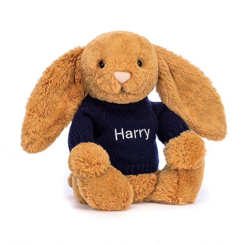 Jellycat Bashful Golden Bunny with Personalised Navy Jumper Medium | 870261-EYM