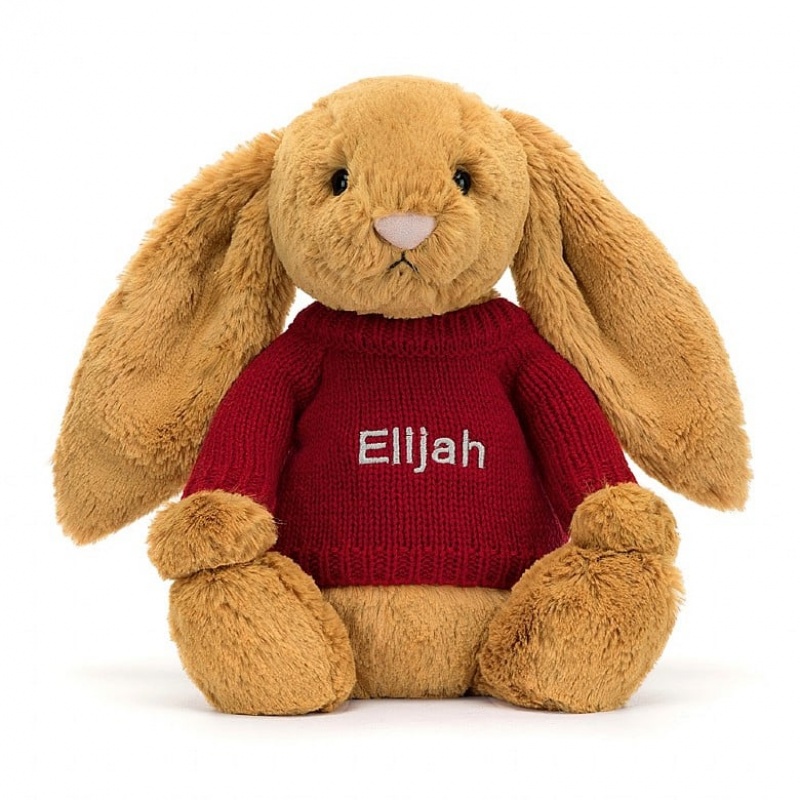 Jellycat Bashful Golden Bunny with Personalised Red Jumper Medium | 091537-CDT