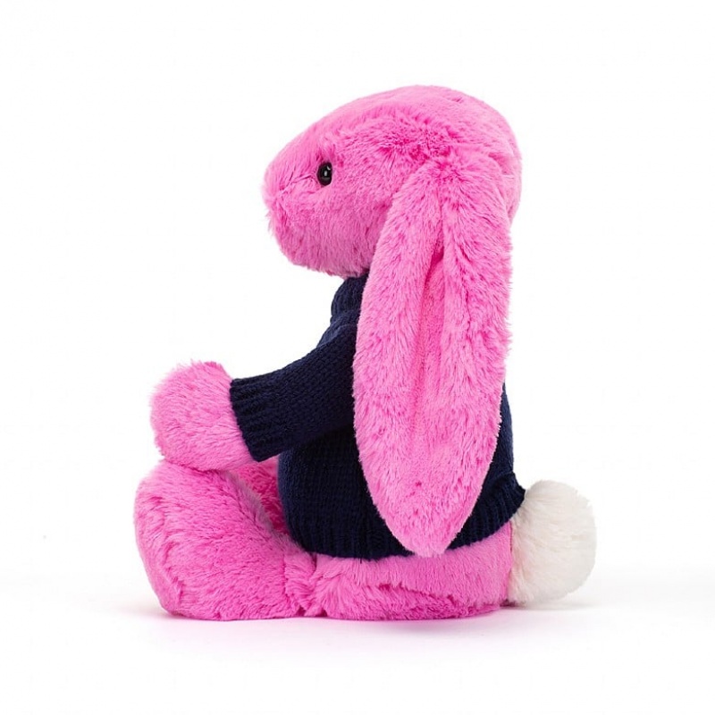 Jellycat Bashful Hot Pink Bunny with Personalised Navy Jumper Medium | 295134-MVO