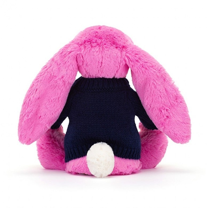 Jellycat Bashful Hot Pink Bunny with Personalised Navy Jumper Medium | 295134-MVO