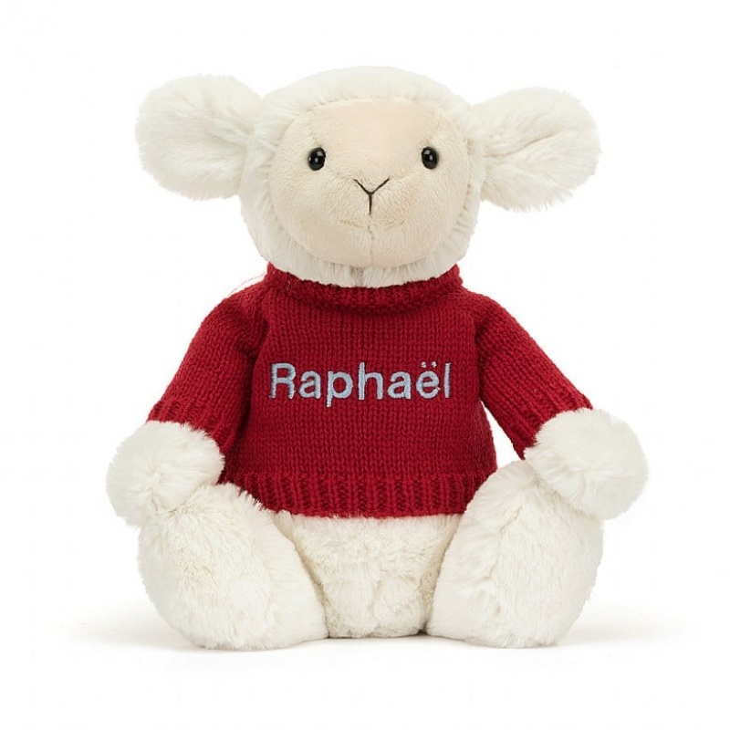 Jellycat Bashful Lamb with Personalied Red Jumper Medium | 104935-OAP