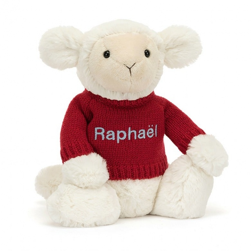 Jellycat Bashful Lamb with Personalied Red Jumper Medium | 104935-OAP