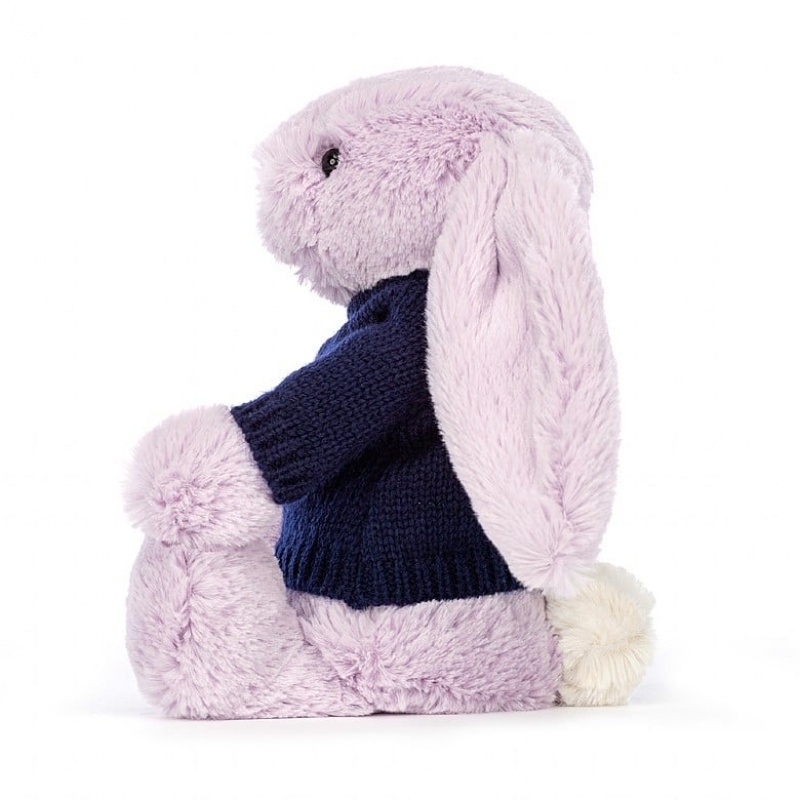 Jellycat Bashful Lilac Bunny with Personalised Navy Jumper Medium | 239014-FJW