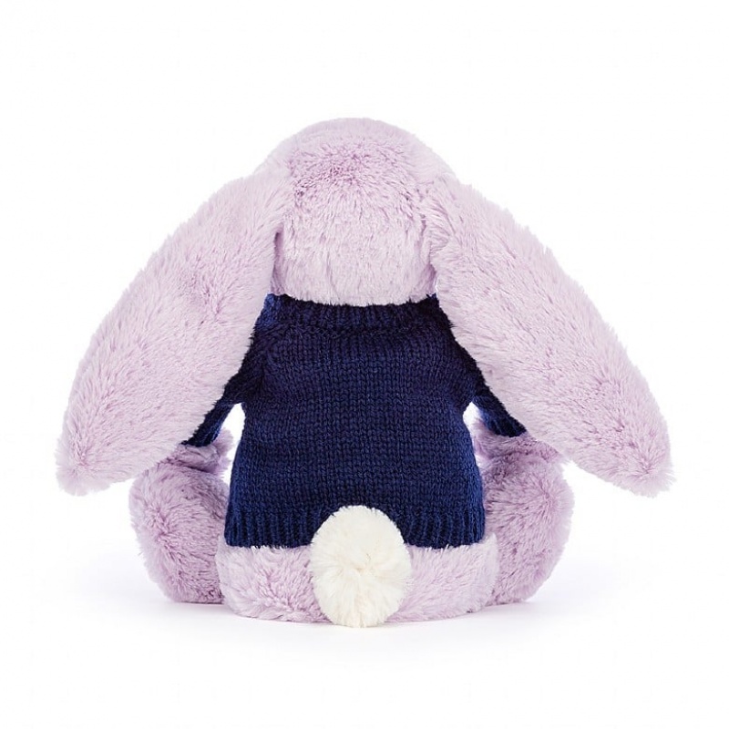 Jellycat Bashful Lilac Bunny with Personalised Navy Jumper Medium | 239014-FJW