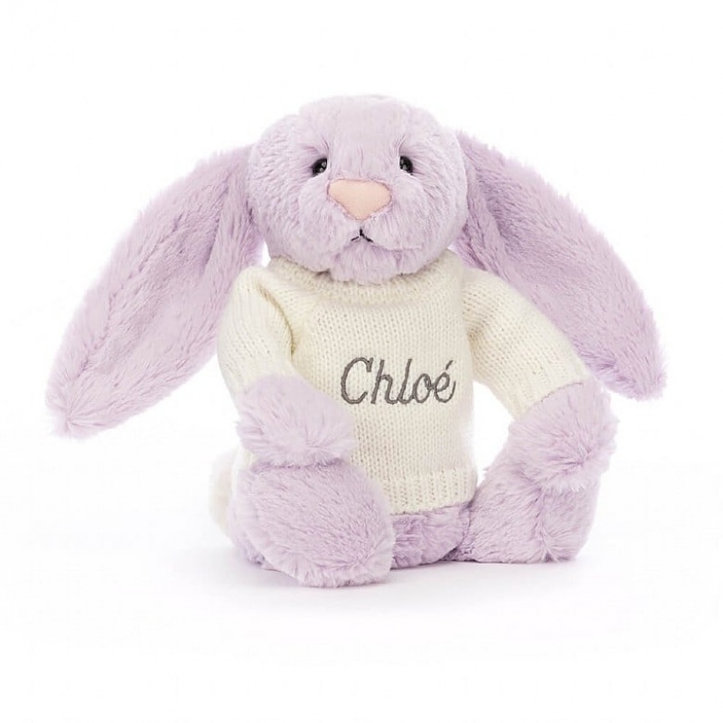 Jellycat Bashful Lilac Bunny with Personalised Cream Jumper Medium | 817263-ZQL