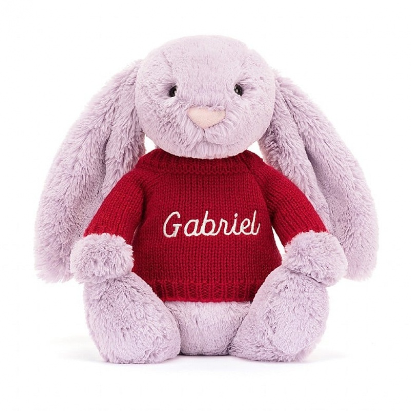 Jellycat Bashful Lilac Bunny with Personalised Red Jumper Medium | 017594-CAF