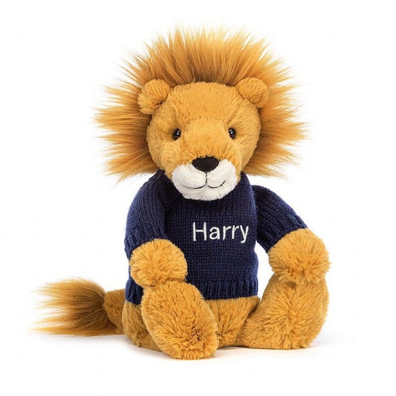 Jellycat Bashful Lion with Personalised Navy Jumper Medium | 025368-VUL