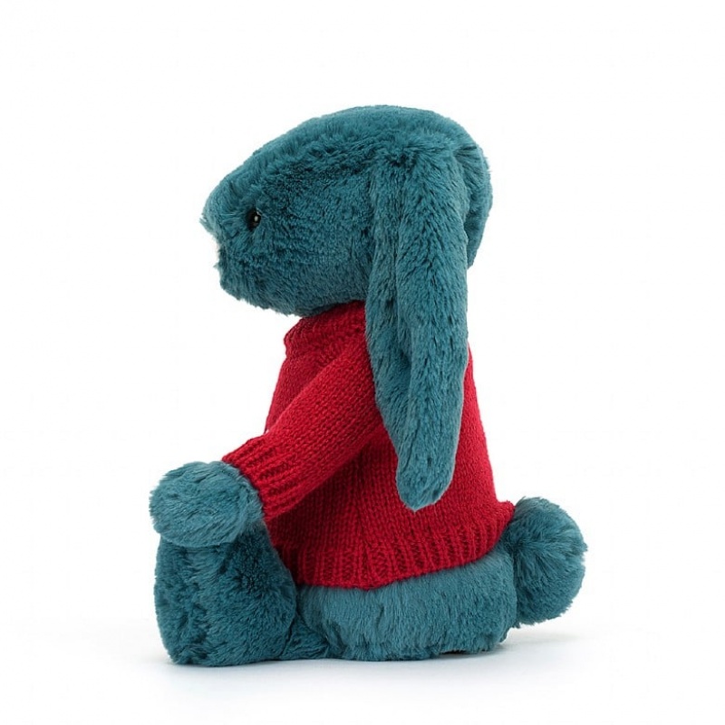 Jellycat Bashful Mineral Blue Bunny with Personalised Red Jumper Medium | 653298-PJX