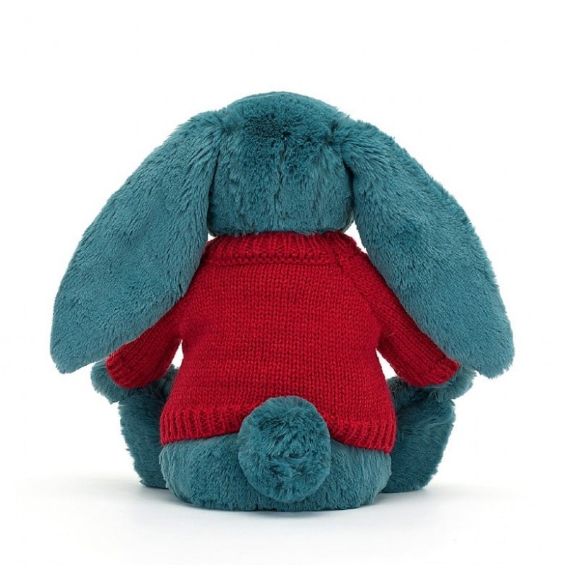 Jellycat Bashful Mineral Blue Bunny with Personalised Red Jumper Medium | 653298-PJX