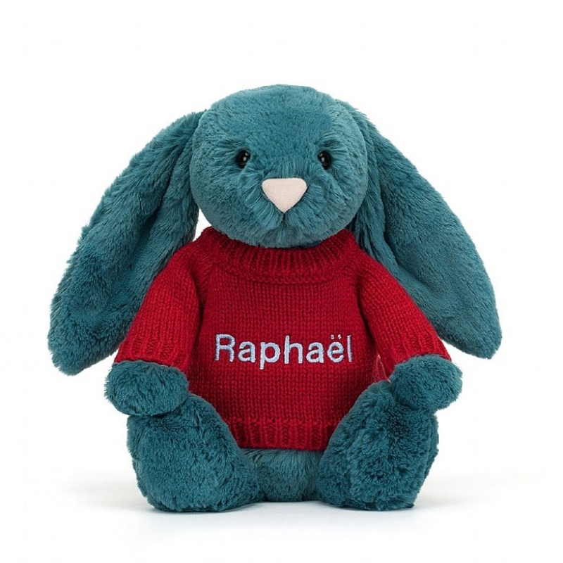 Jellycat Bashful Mineral Blue Bunny with Personalised Red Jumper Medium | 653298-PJX