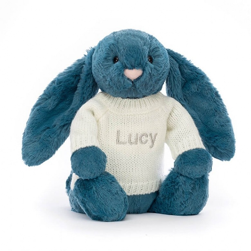 Jellycat Bashful Mineral Blue Bunny with Personalised Cream Jumper Medium | 712085-EVB