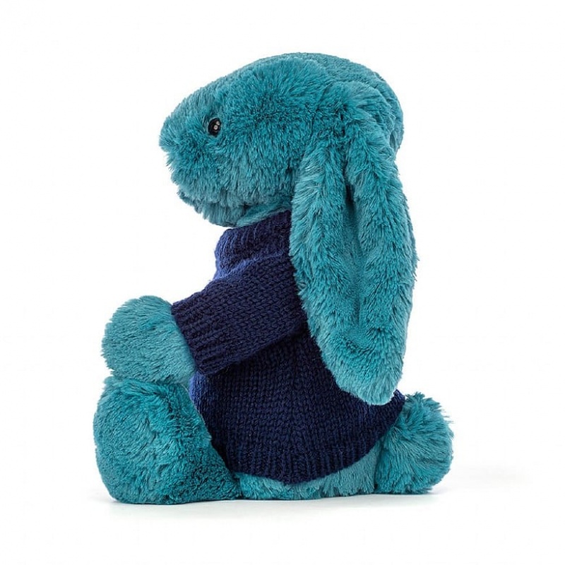 Jellycat Bashful Mineral Blue Bunny with Personalised Navy Jumper Medium | 270583-CNT