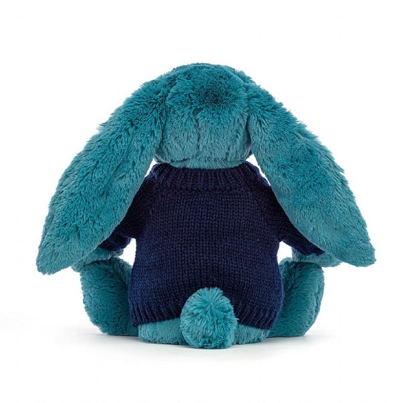 Jellycat Bashful Mineral Blue Bunny with Personalised Navy Jumper Medium | 270583-CNT