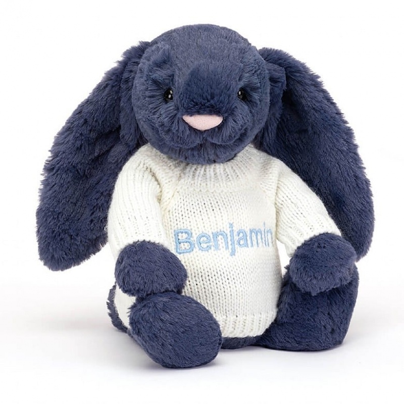 Jellycat Bashful Navy Bunny with Personalised Cream Jumper Medium | 615032-WAZ