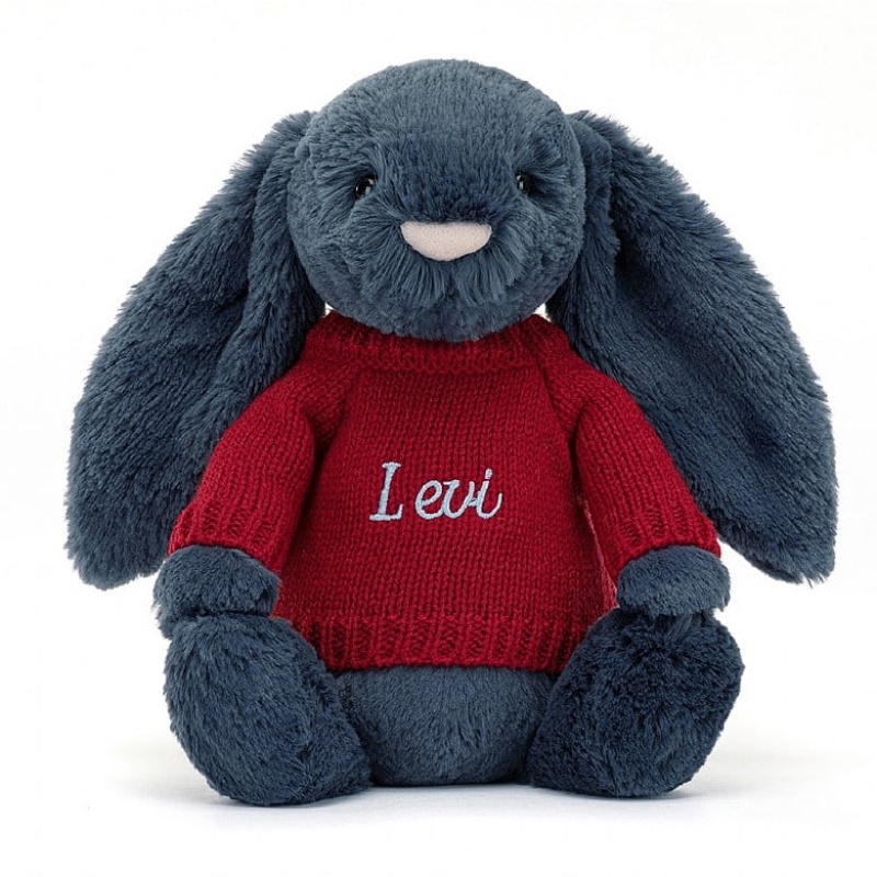 Jellycat Bashful Navy Bunny with Personalised Red Jumper Medium | 725036-AUF