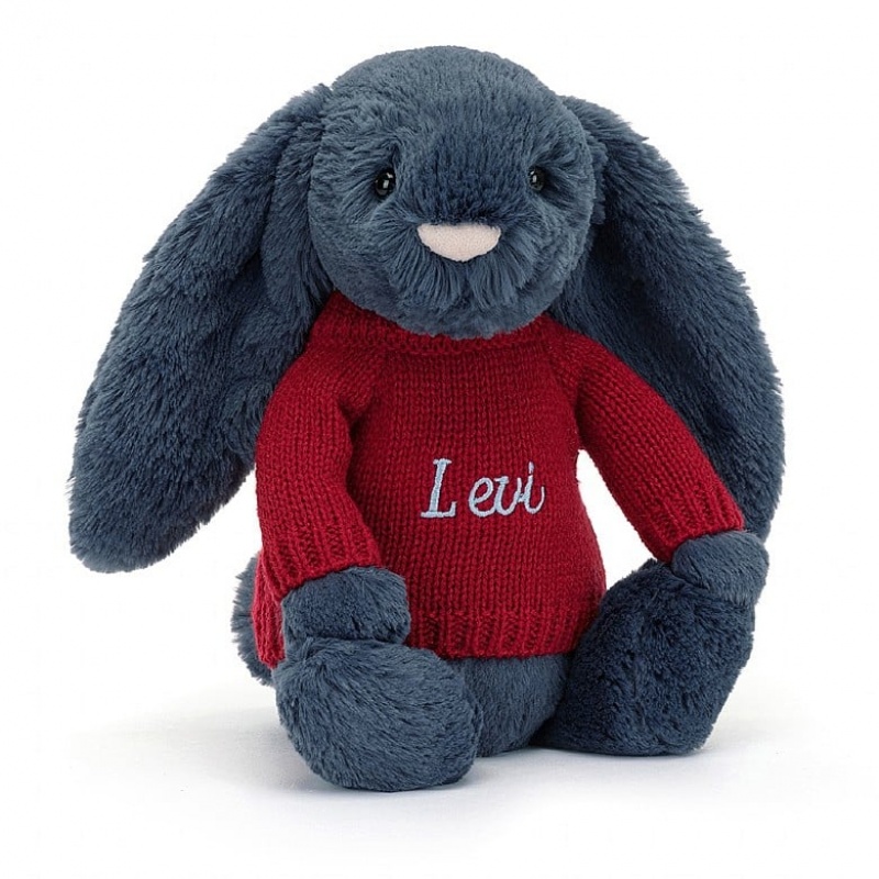 Jellycat Bashful Navy Bunny with Personalised Red Jumper Medium | 725036-AUF