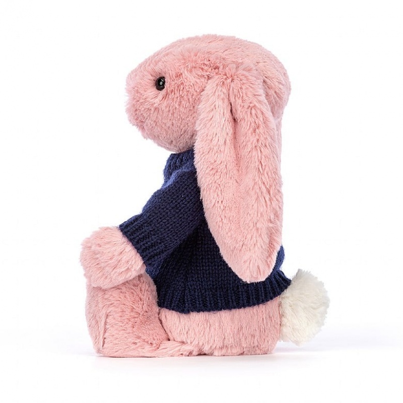 Jellycat Bashful Petal Bunny with Personalised Navy Jumper Medium | 130754-GMX