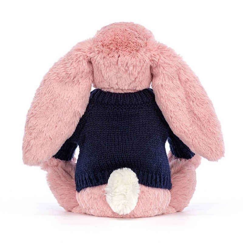 Jellycat Bashful Petal Bunny with Personalised Navy Jumper Medium | 130754-GMX