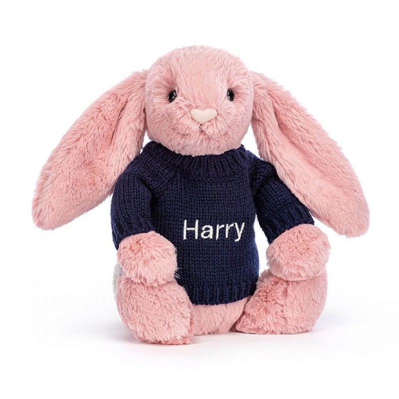 Jellycat Bashful Petal Bunny with Personalised Navy Jumper Medium | 130754-GMX