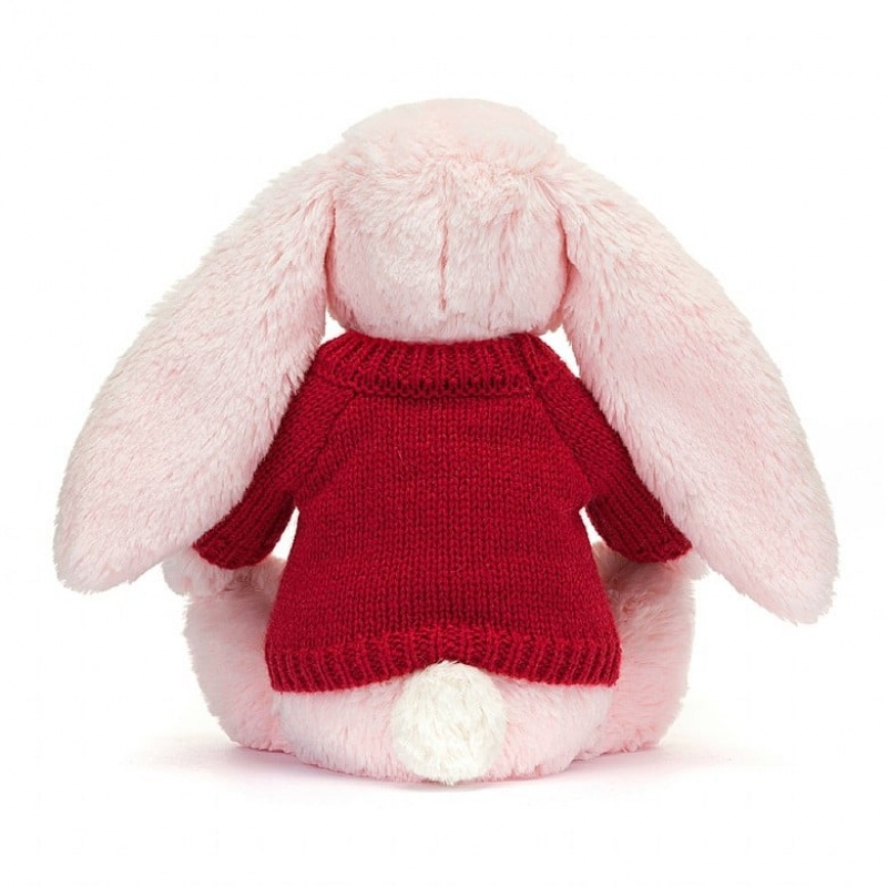 Jellycat Bashful Pink Bunny with Personalised Red Jumper Medium | 423851-MVK