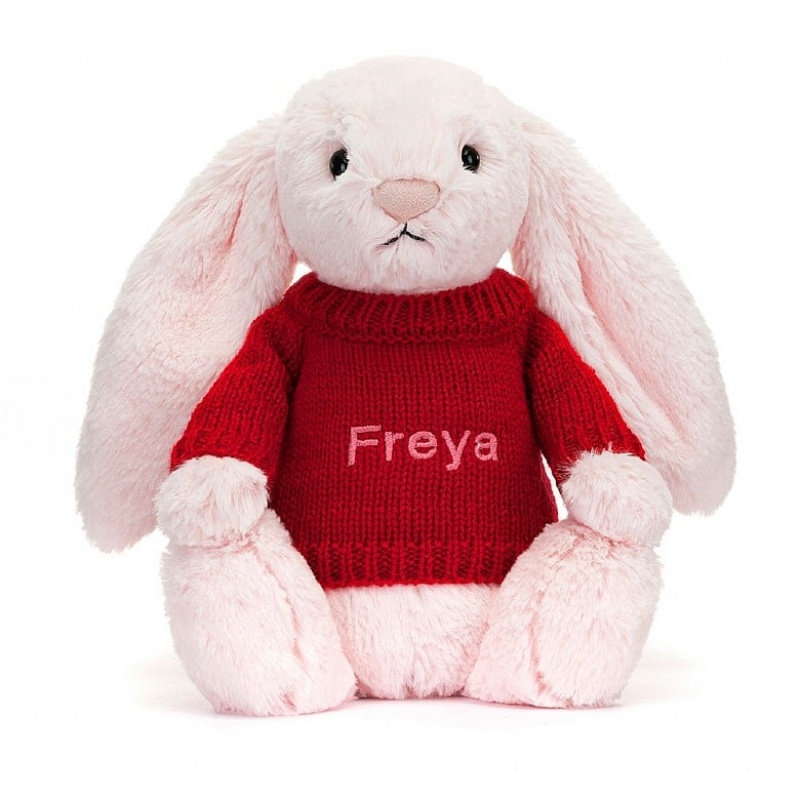 Jellycat Bashful Pink Bunny with Personalised Red Jumper Medium | 423851-MVK