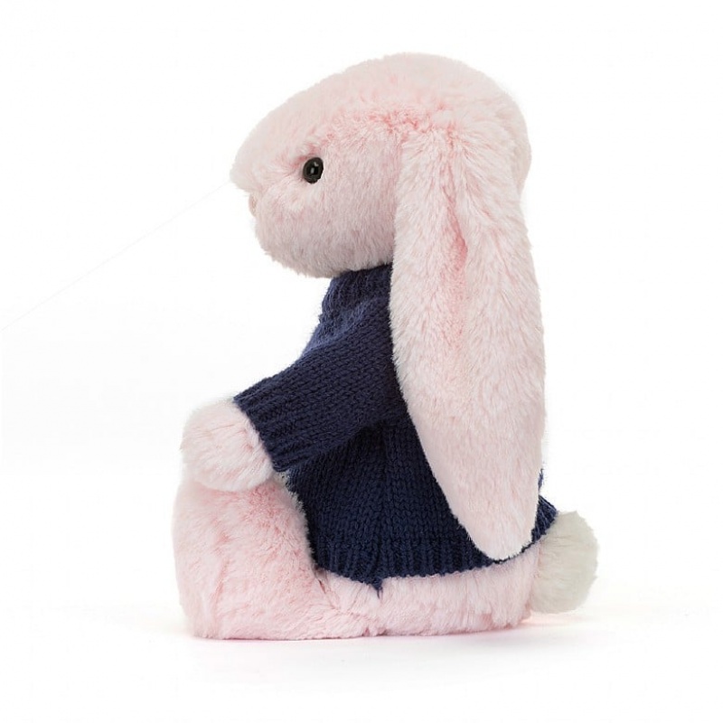 Jellycat Bashful Pink Bunny with Personalised Navy Jumper Medium | 205618-TSE