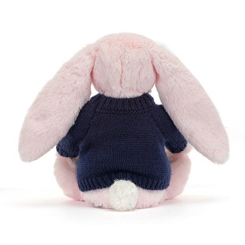 Jellycat Bashful Pink Bunny with Personalised Navy Jumper Medium | 205618-TSE