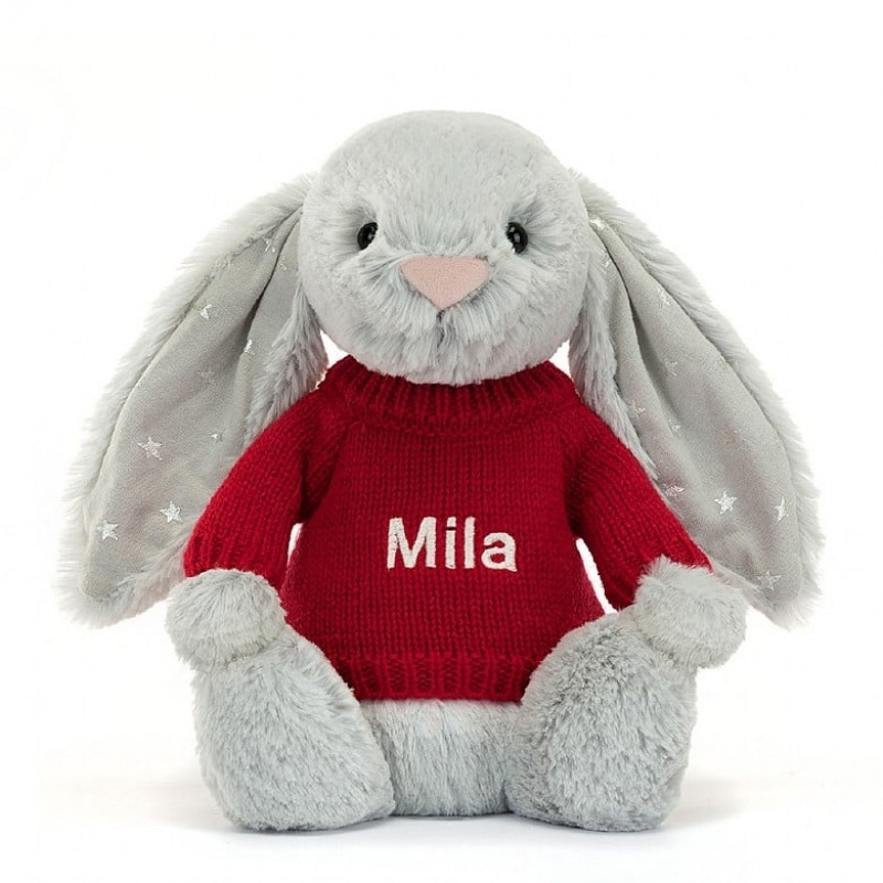 Jellycat Bashful Shimmer Bunny with Personalised Red Jumper Medium | 645798-VBU