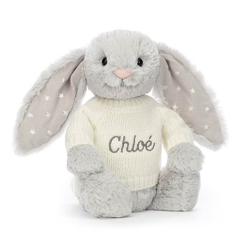 Jellycat Bashful Shimmer Bunny with Personalised Cream Jumper Medium | 316548-VNI