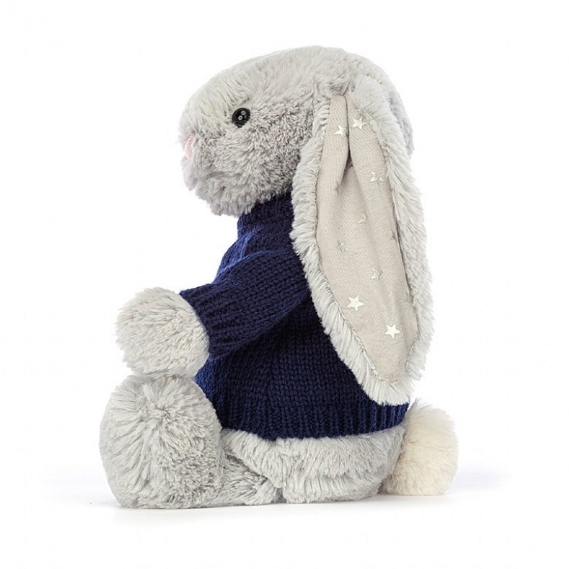 Jellycat Bashful Shimmer Bunny with Personalised Navy Jumper Medium | 879356-TVJ