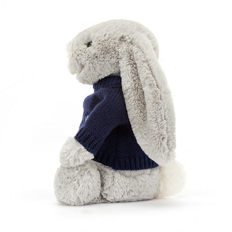 Jellycat Bashful Silver Bunny with Personalised Navy Jumper Medium | 534801-BXH