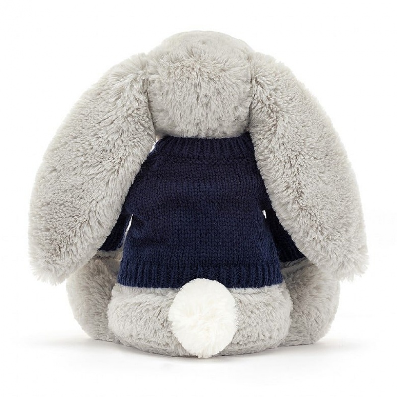 Jellycat Bashful Silver Bunny with Personalised Navy Jumper Medium | 534801-BXH