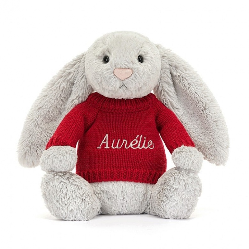 Jellycat Bashful Silver Bunny with Personalised Red Jumper Medium | 712386-CMD