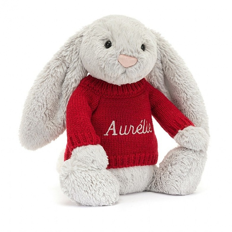 Jellycat Bashful Silver Bunny with Personalised Red Jumper Medium | 712386-CMD