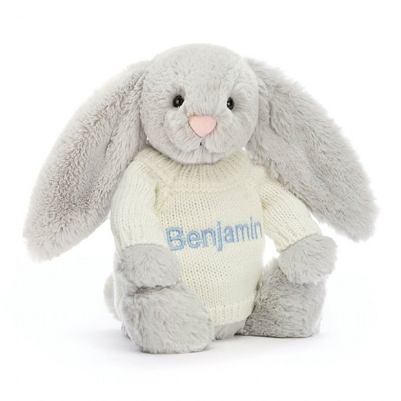 Jellycat Bashful Silver Bunny with Personalised Cream Jumper Medium | 345960-GAO