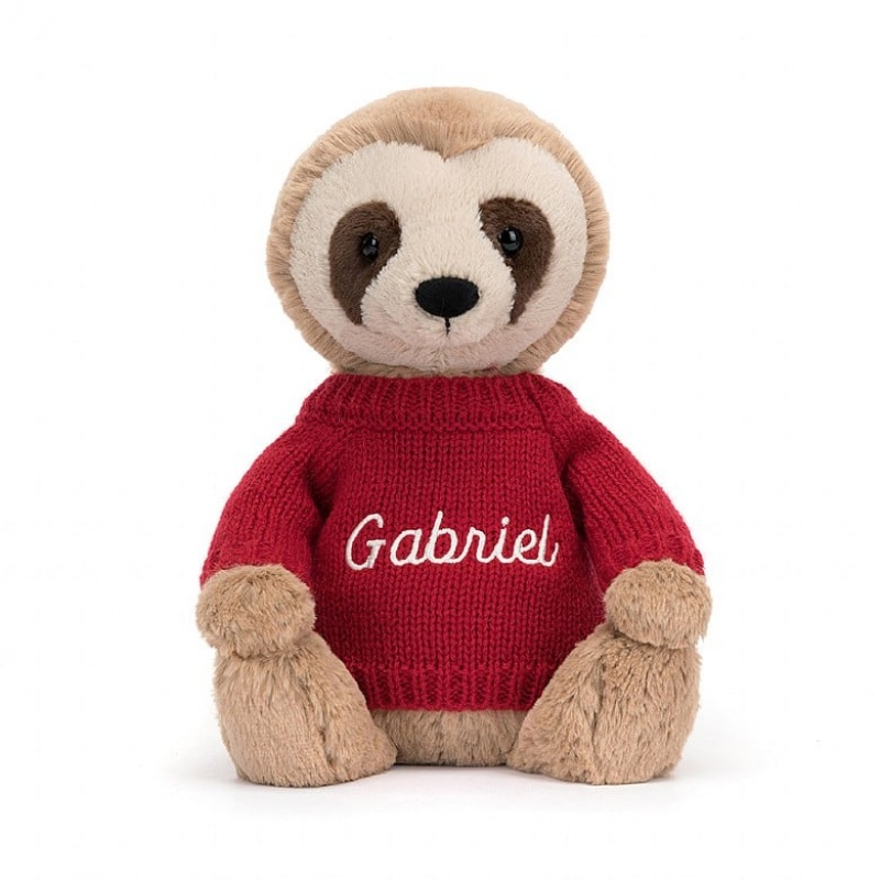 Jellycat Bashful Sloth with Personalised Red Jumper Medium | 965417-KOD