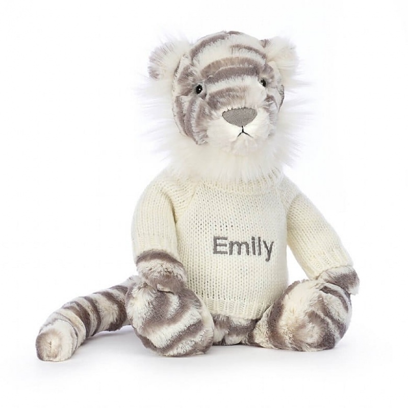 Jellycat Bashful Snow Tiger with Personalised Cream Jumper Medium | 879124-IKG