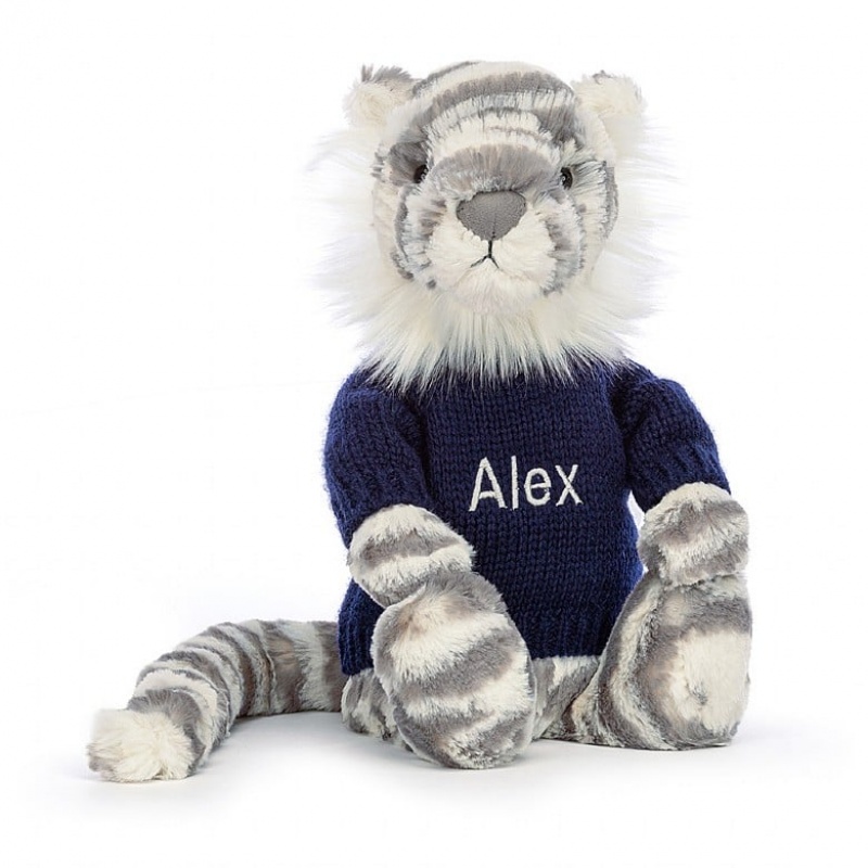 Jellycat Bashful Snow Tiger with Personalised Navy Jumper Medium | 690853-GBU