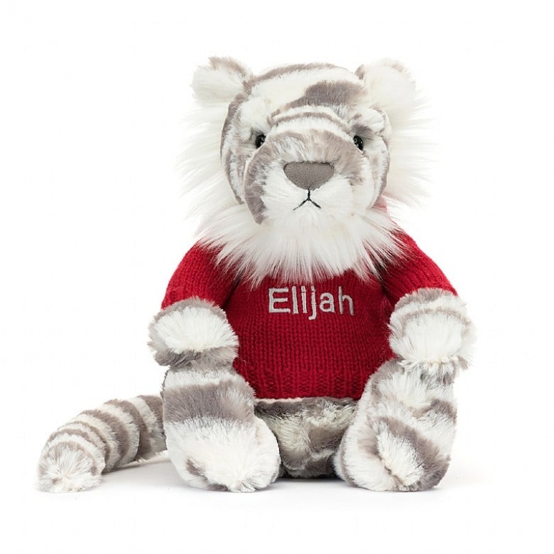 Jellycat Bashful Snow Tiger with Personalised Red Jumper Medium | 918536-JWF