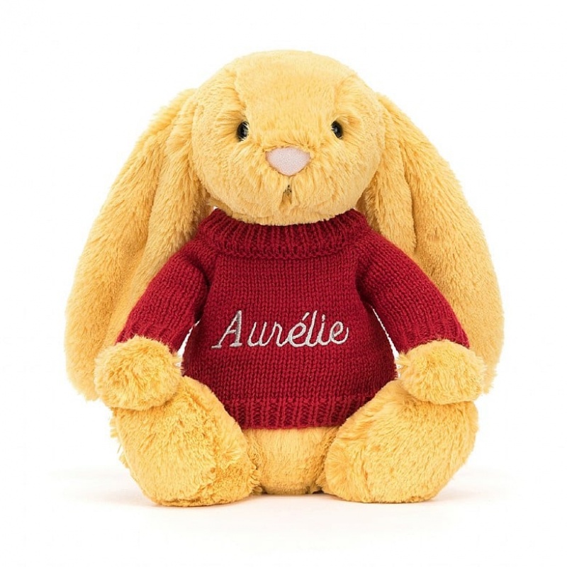 Jellycat Bashful Sunshine Bunny with Personalised Red Jumper Medium | 350486-XKC