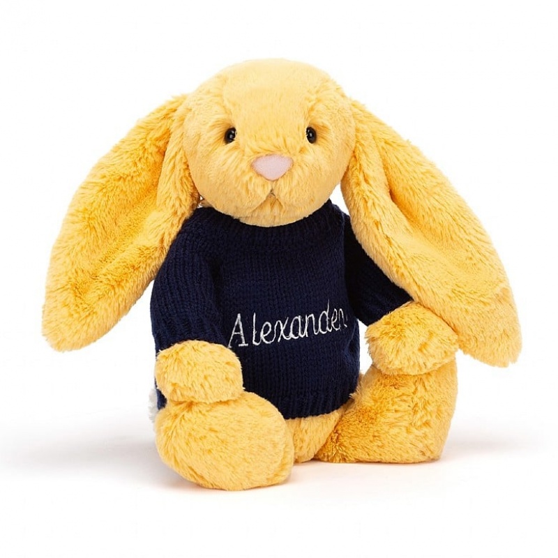 Jellycat Bashful Sunshine Bunny with Personalised Navy Jumper Medium | 891476-JAY