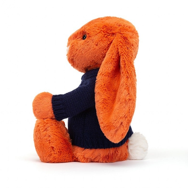 Jellycat Bashful Tangerine Bunny with Personalised Navy Jumper Medium | 612493-EQU