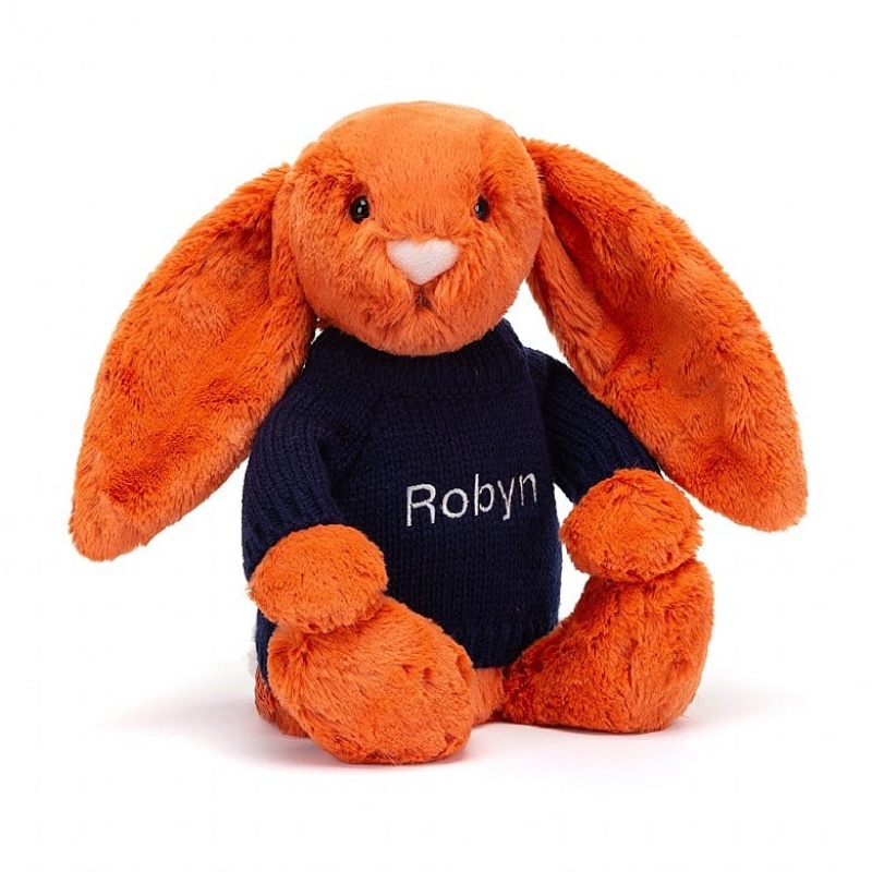 Jellycat Bashful Tangerine Bunny with Personalised Navy Jumper Medium | 612493-EQU