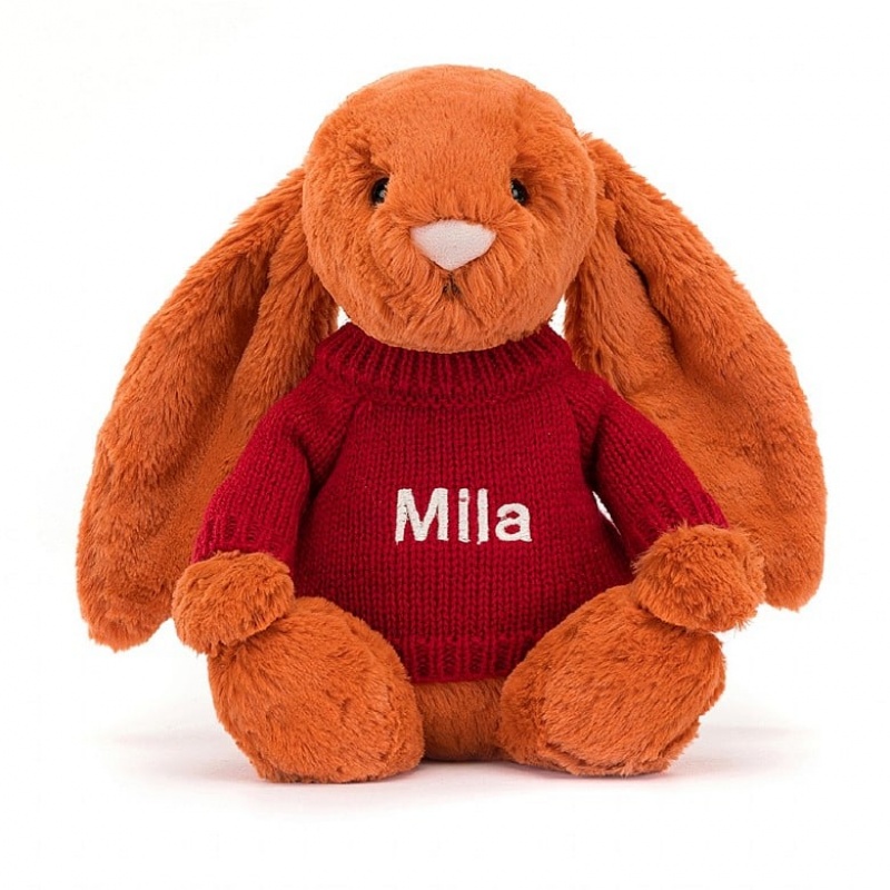 Jellycat Bashful Tangerine Bunny with Personalised Red Jumper Medium | 605837-BYT