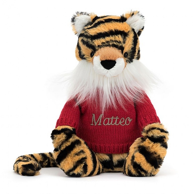 Jellycat Bashful Tiger with Personalised Red Jumper Medium | 472358-MCI